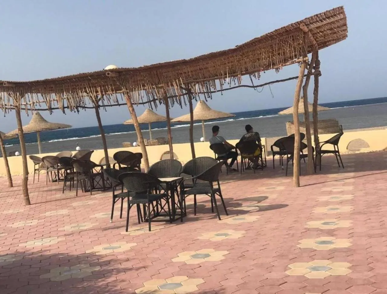 Terrasse ombragée avec tables et chaises face à la mer.