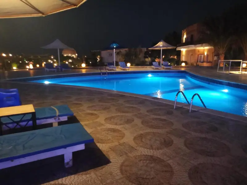 Piscine illuminée avec transats et végétation nocturne.