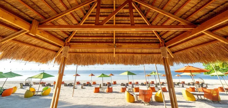 Un espace de détente ombragé surplombe une plage avec des transats et des parasols.