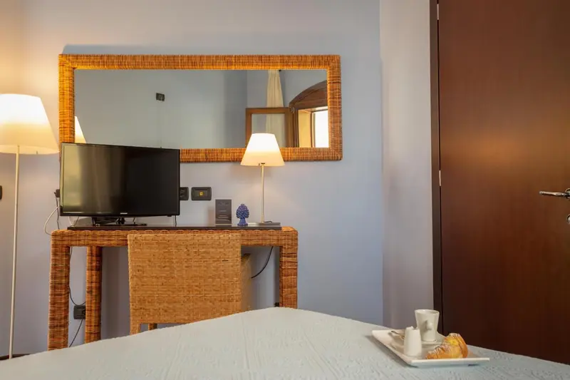 Une chambre lumineuse avec un grand miroir et une télévision.