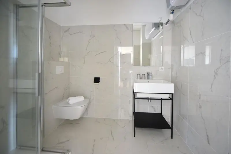 Une salle de bain moderne avec douche à l'italienne et vasque blanche.