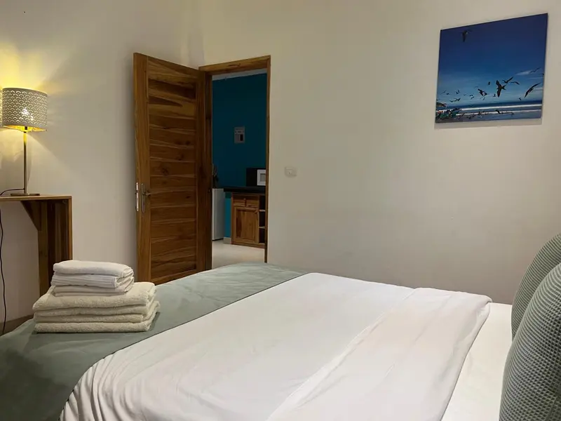 Une chambre lumineuse avec un lit fait et une décoration sobre.