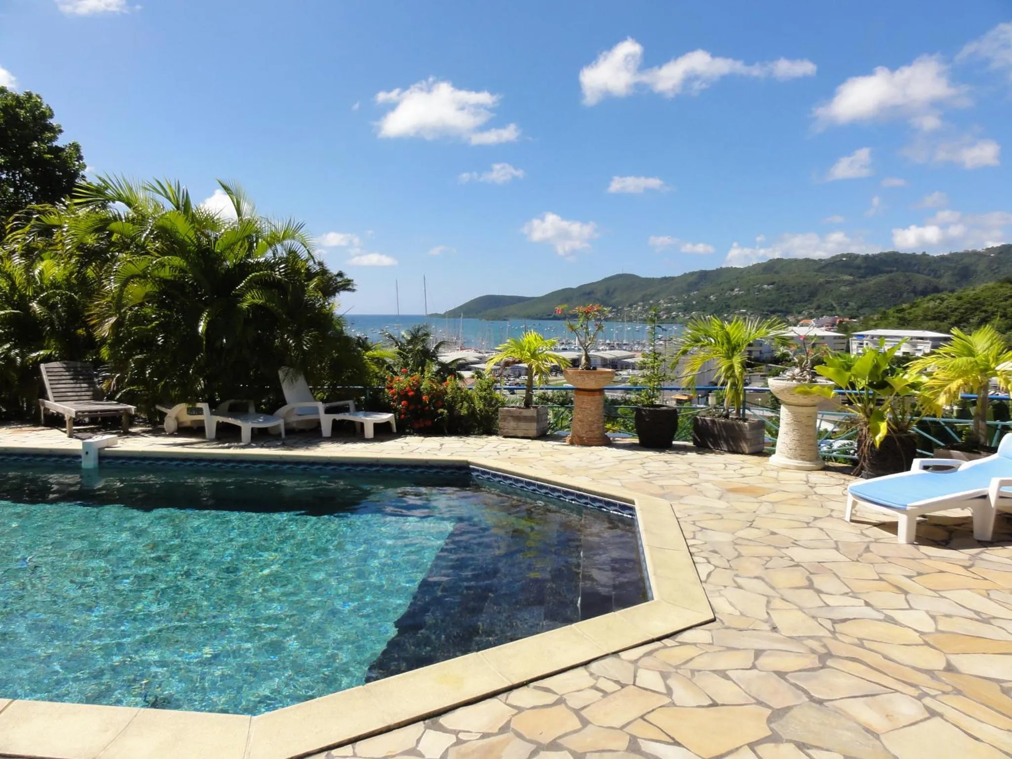 Une piscine avec des transats surplombe une baie ensoleillée et une végétation luxuriante.