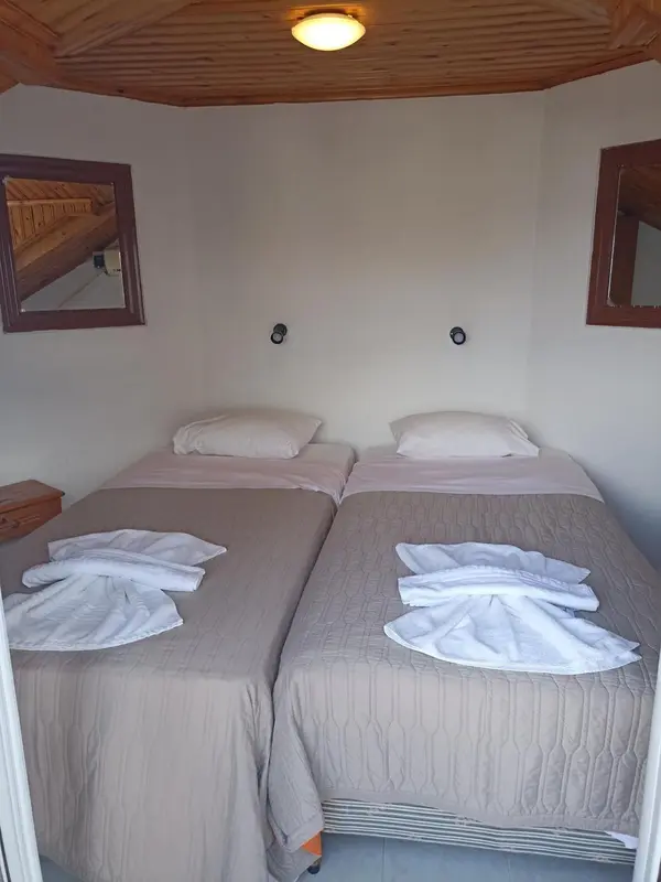 Une chambre avec deux lits simples et des serviettes décoratives.