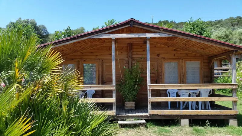 Une maisonnette en bois avec une terrasse ombragée par la végétation.