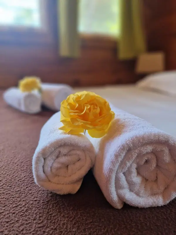 Serviettes roulées décorées de fleurs jaunes sur un lit.