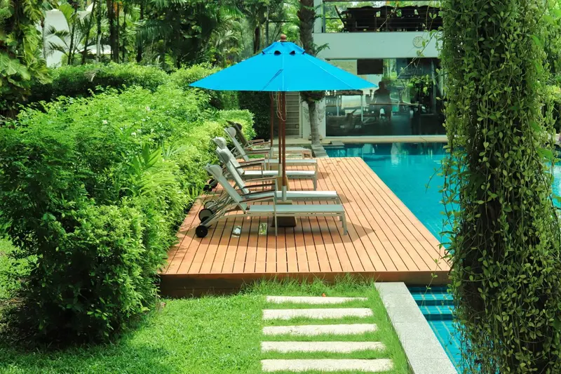 Transats alignés au bord d'une piscine dans un jardin luxuriant.