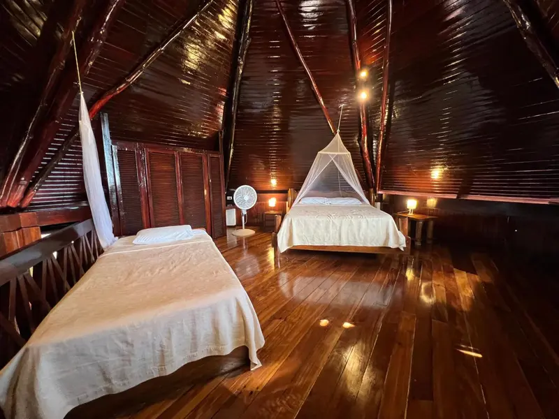 Chambre avec deux lits simples et moustiquaires en bois sombre.
