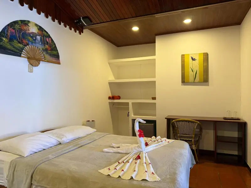 Une chambre lumineuse avec un lit recouvert d'une couverture grise et décoré de serviettes en forme de cygne.