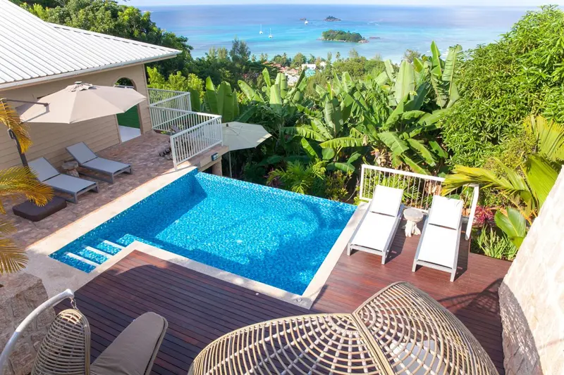 Une piscine avec transats et végétation luxuriante surplombe la mer.