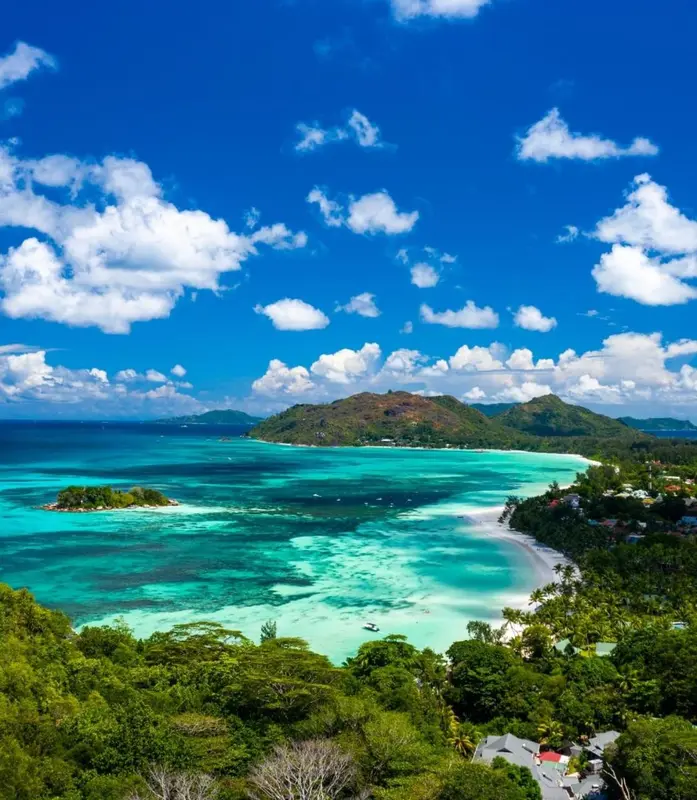 Vue aérienne d'une plage de sable blanc bordée d'une eau turquoise et d'une végétation luxuriante.