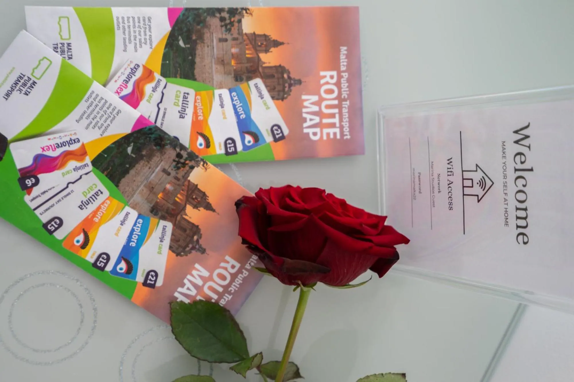 Des cartes de transport et une rose rouge posées sur une surface blanche.