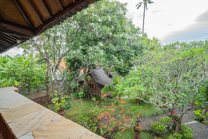 Vue sur un jardin tropical depuis une terrasse.