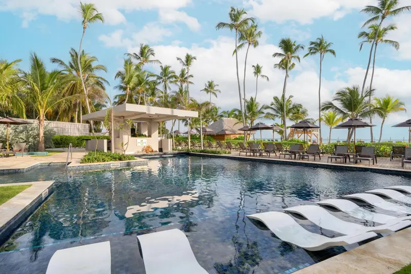 Une piscine rectangulaire bordée de chaises longues et de palmiers.
