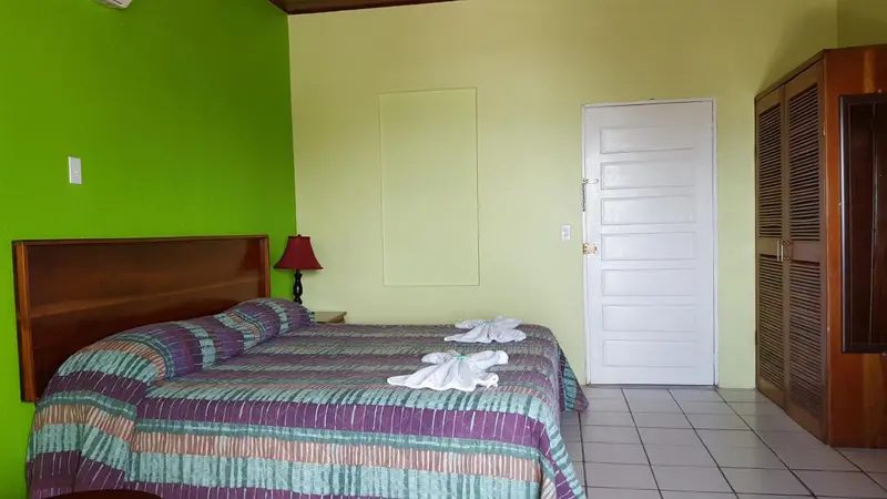 Une chambre avec un lit recouvert d'une courtepointe colorée et deux serviettes en forme de cygne.
