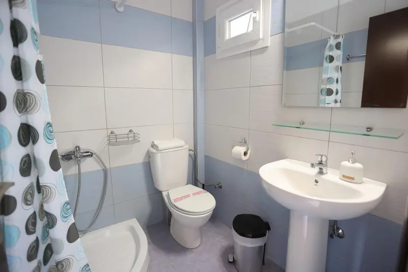 Une salle de bain claire avec douche, lavabo et toilettes.