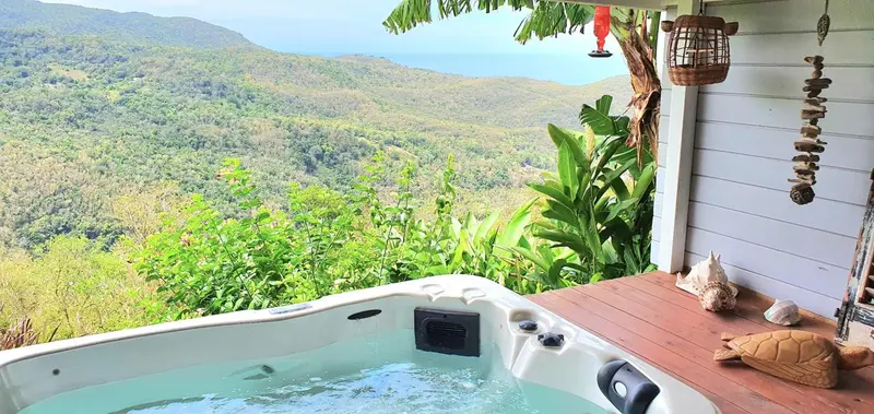 Un jacuzzi sur une terrasse offre une vue panoramique sur une végétation luxuriante et des montagnes verdoyantes.