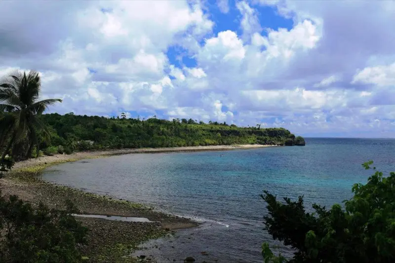 Une plage de galets bordée d'une eau turquoise et d'une végétation luxuriante sous un ciel nuageux.