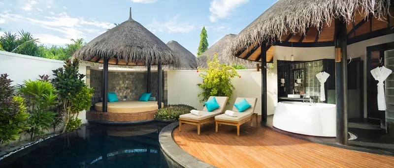 Espace extérieur aménagé avec piscine, mobilier de détente et baignoire.