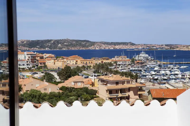 Vue d'ensemble sur une ville côtière et un port de plaisance ensoleillé.