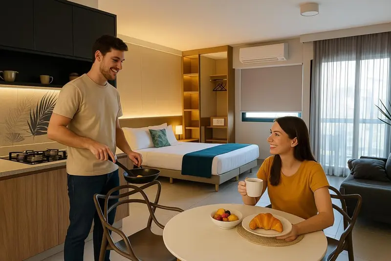 Un couple prépare et déguste un repas dans un espace de vie lumineux.
