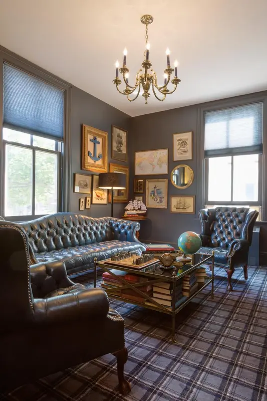 Un salon élégant avec des canapés en cuir et des tableaux décoratifs.