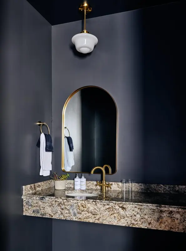 Un lavabo en marbre est installé devant un miroir doré dans une salle de bain aux murs sombres.