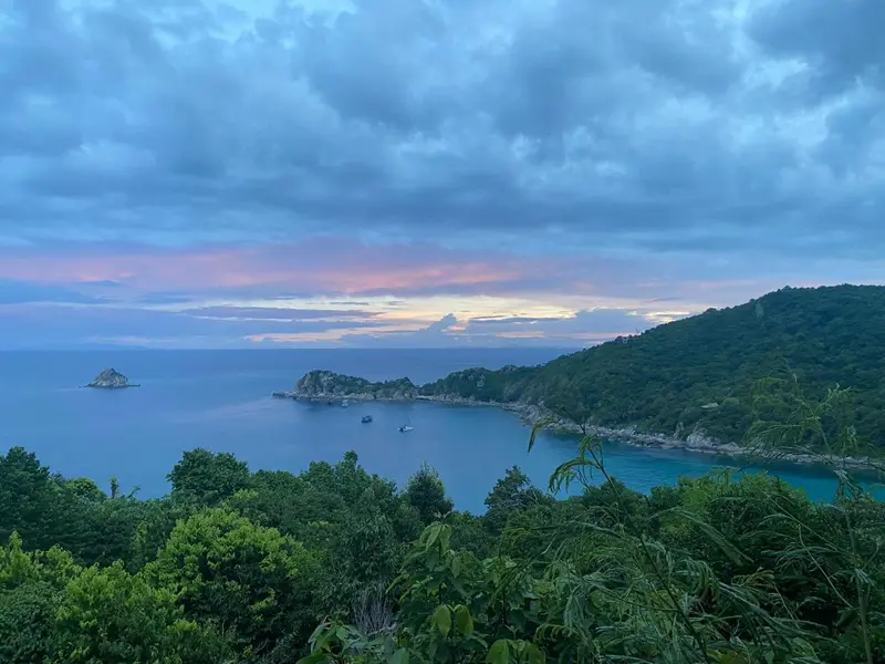 Vue panoramique sur une côte rocheuse et la mer au coucher du soleil.