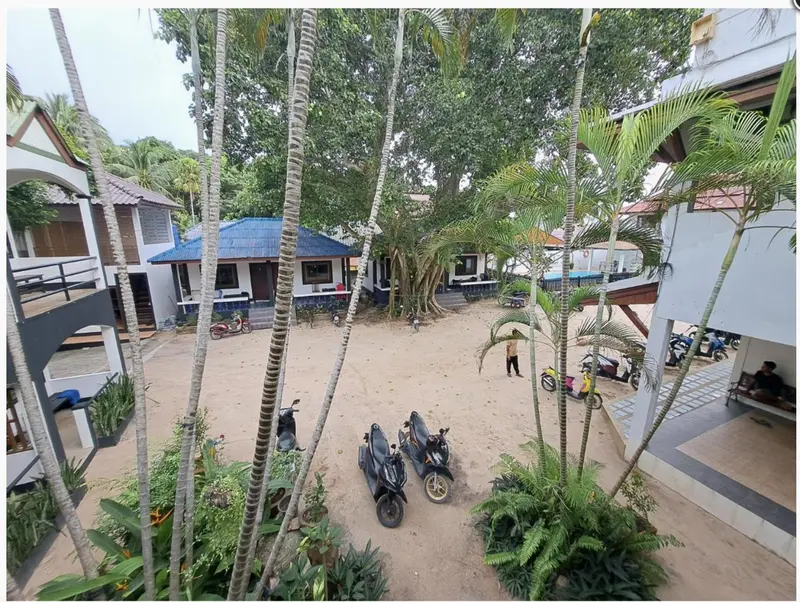 Vue d'une cour intérieure avec des bâtiments et de la végétation tropicale.