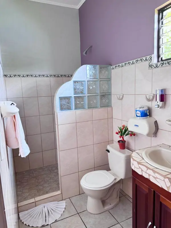 Une salle de bain claire avec douche, lavabo et toilettes.