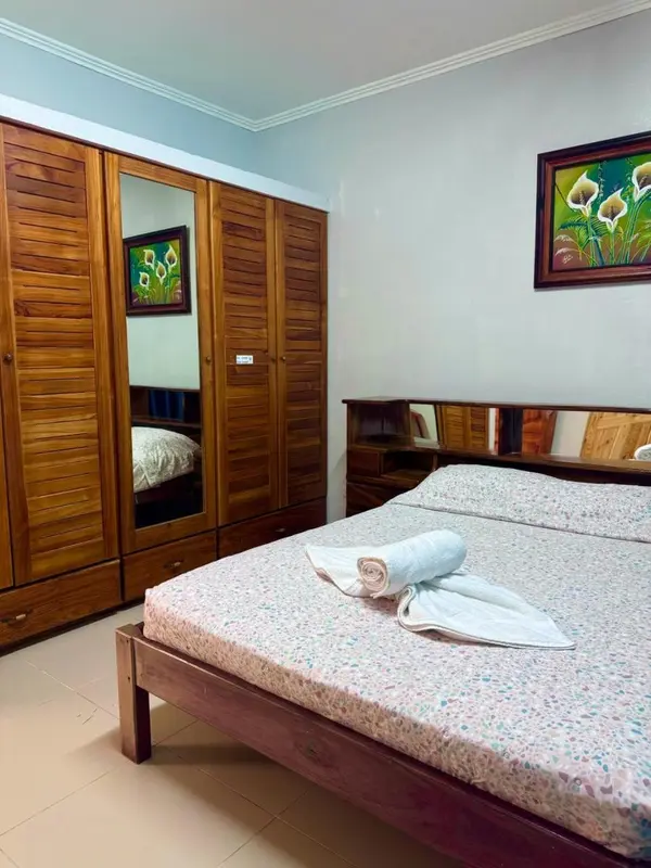 Une chambre avec un grand lit et un placard en bois.
