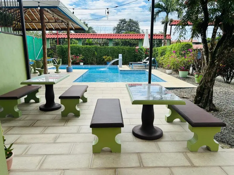 Tables et bancs verts autour d'une piscine rectangulaire dans un jardin tropical.