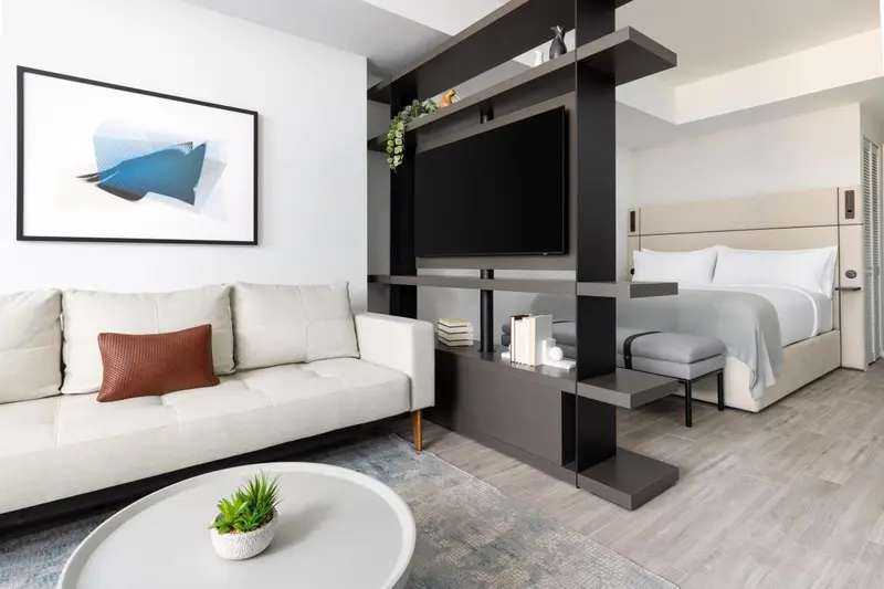 Espace de vie moderne avec canapé, télévision et lit.