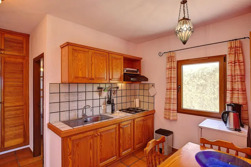 Une cuisine équipée avec un évier, des plaques de cuisson et des rangements.