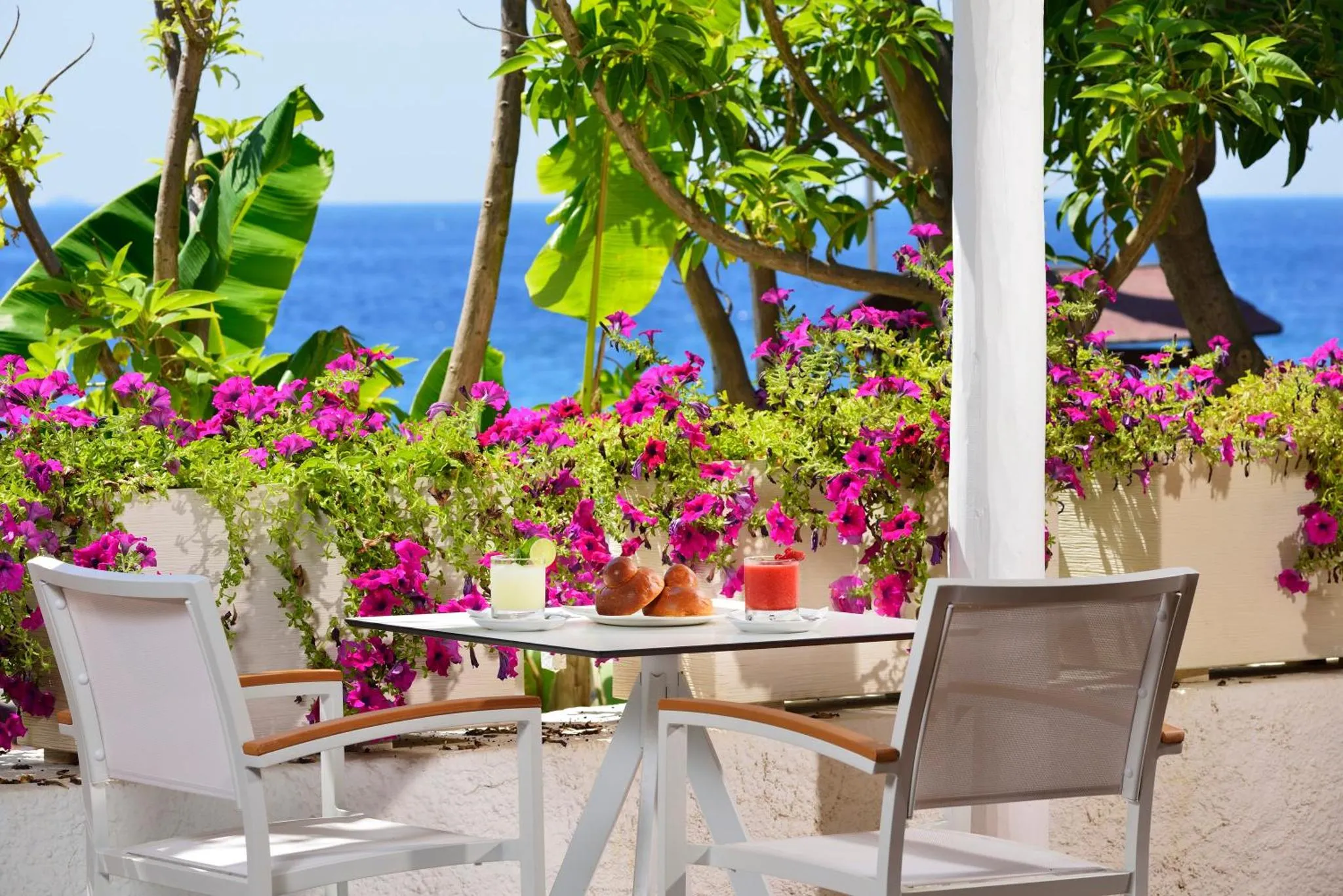 Une table avec des viennoiseries et des boissons sur une terrasse fleurie face à la mer.