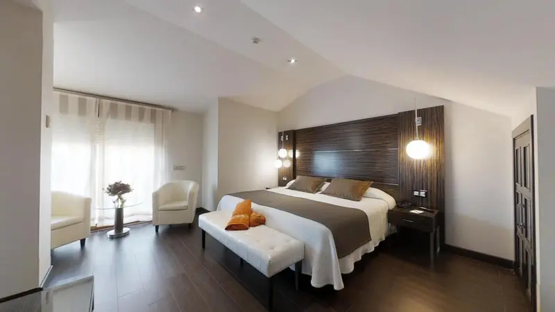 Une chambre spacieuse avec un grand lit et un coin salon.