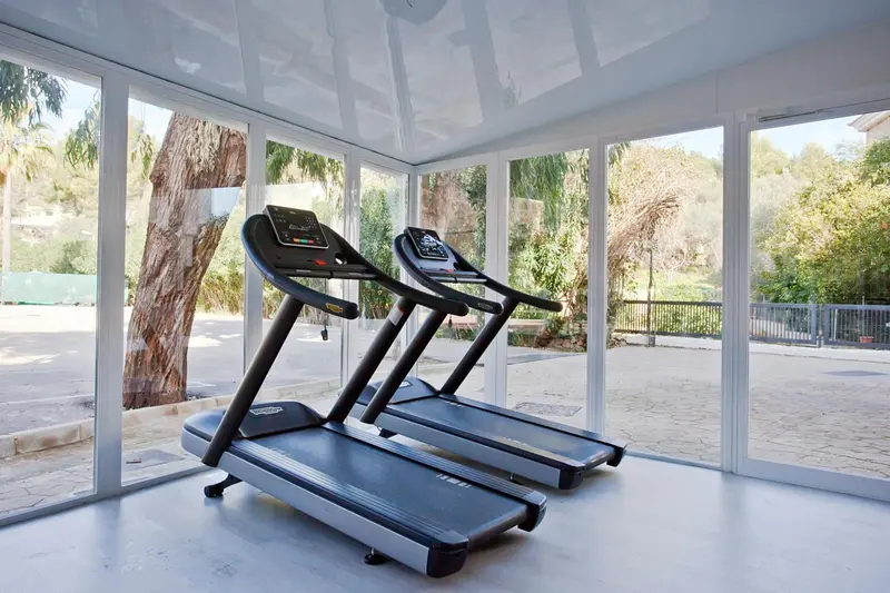 Une salle de sport lumineuse avec deux tapis de course face à de grandes baies vitrées.