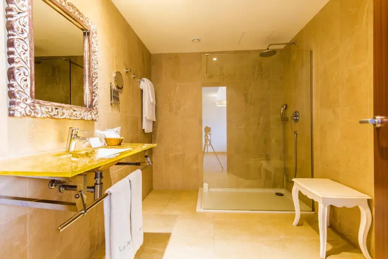 Une salle de bain lumineuse avec une douche à l'italienne et un grand miroir.