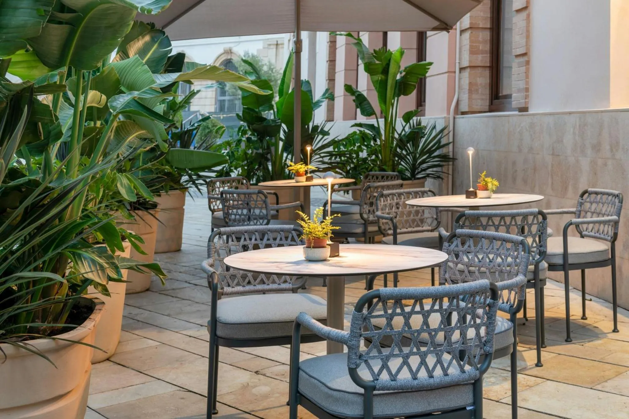 Tables et chaises d'extérieur sur une terrasse ombragée par des plantes.