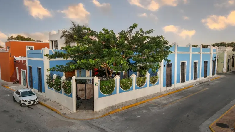 Façade d'un bâtiment coloré avec un jardin tropical et une voiture garée devant.