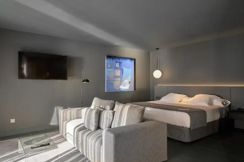 Espace de vie intérieur avec canapé et lit.