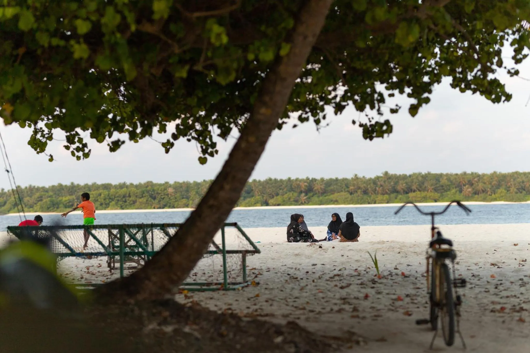 Personnes assises sur une plage de sable blanc bordée de végétation.