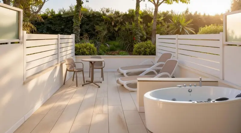 Terrasse aménagée avec salon de jardin et jacuzzi.