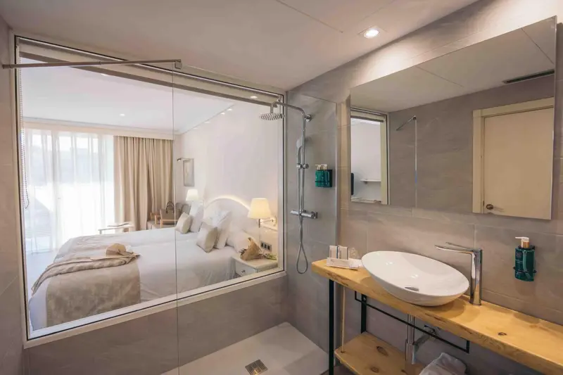 Une salle de bain moderne avec une douche à l'italienne et un lavabo en pierre.