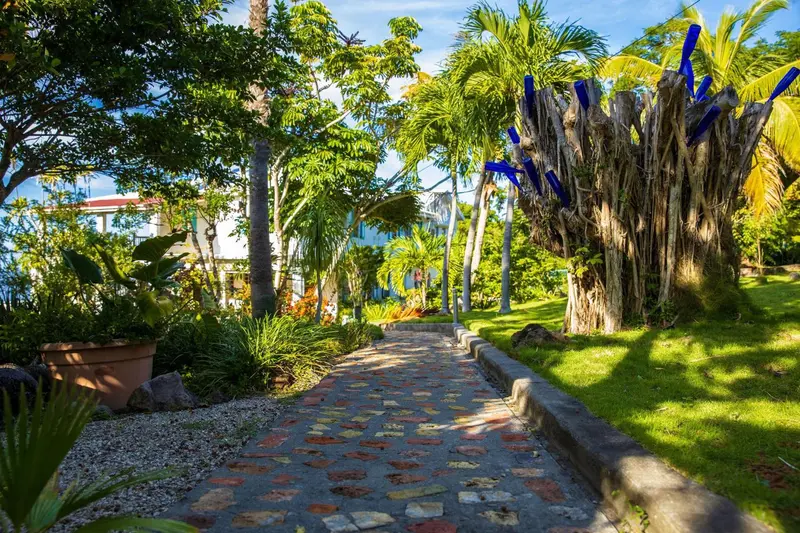 Allée pavée bordée de végétation tropicale menant vers des bâtiments blancs.