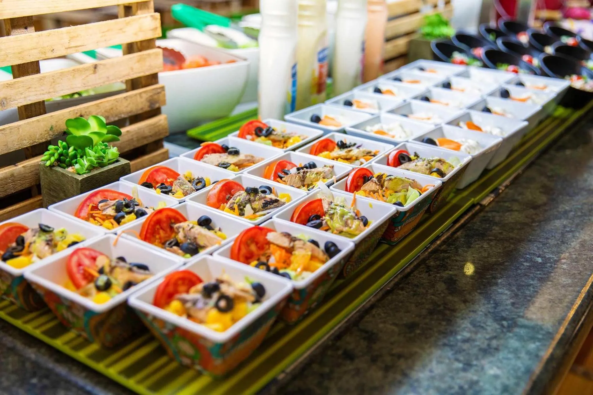 Présentation de petites portions de salade colorée sur un comptoir.