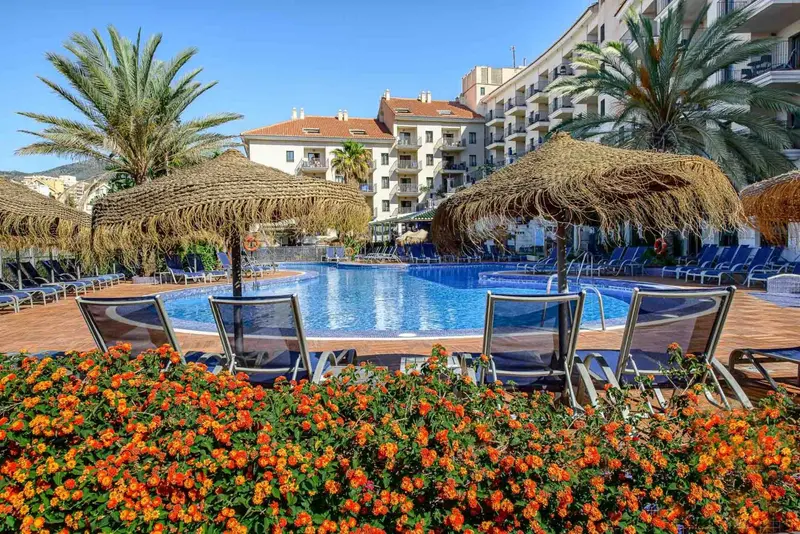 Transats bleus disposés autour d'une piscine ensoleillée, avec des palmiers et des fleurs colorées.