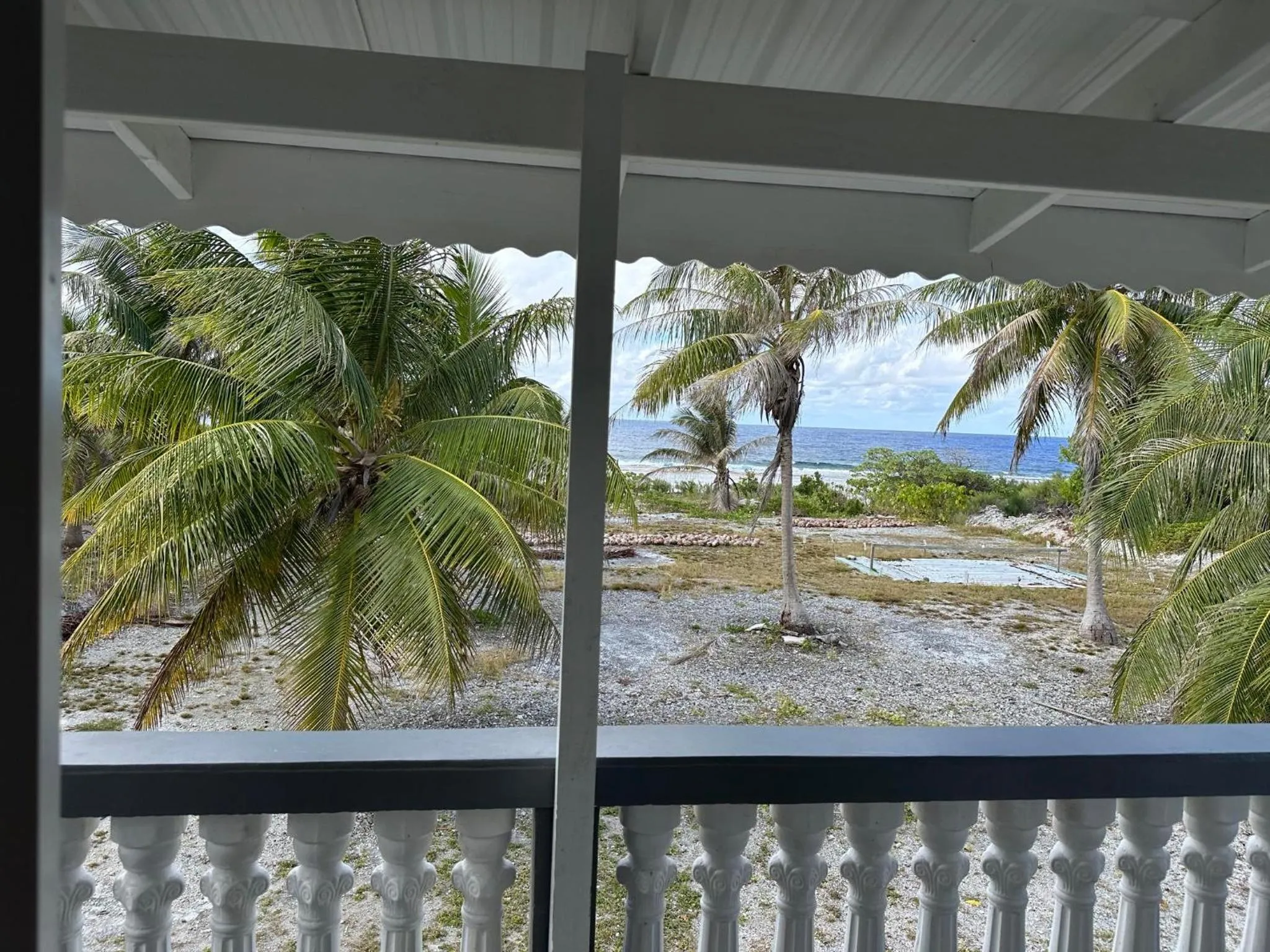 Vue sur la végétation tropicale et l'océan depuis une terrasse.