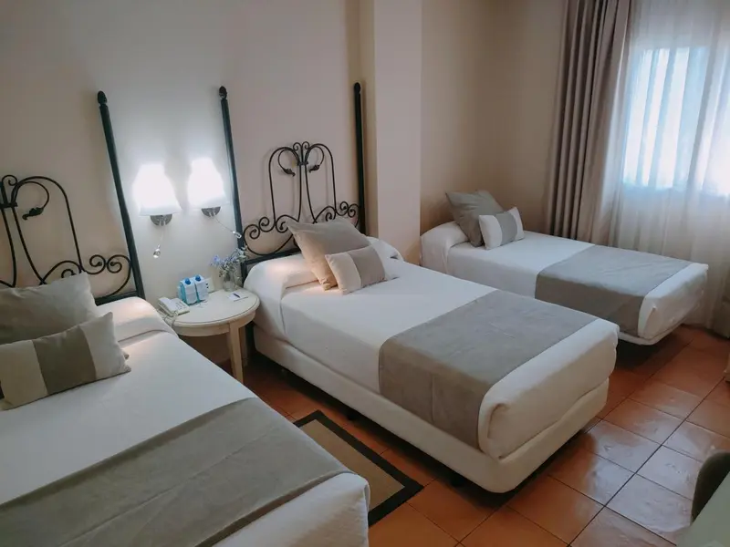 Deux lits simples avec oreillers et couvertures dans une chambre lumineuse.