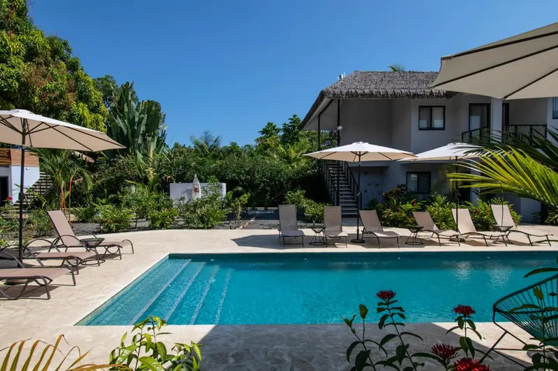 Transats et parasols bordent une piscine turquoise dans un jardin tropical.